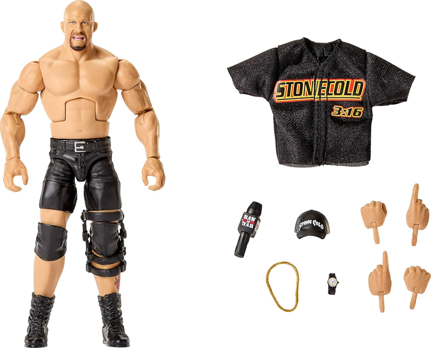 Mattel WWE Elite Action Figure & Accessories, Series #122 Set, 6-inch Collectible “Stone Cold” Steve Austin with 25 Articulation Points & Swappable Hands