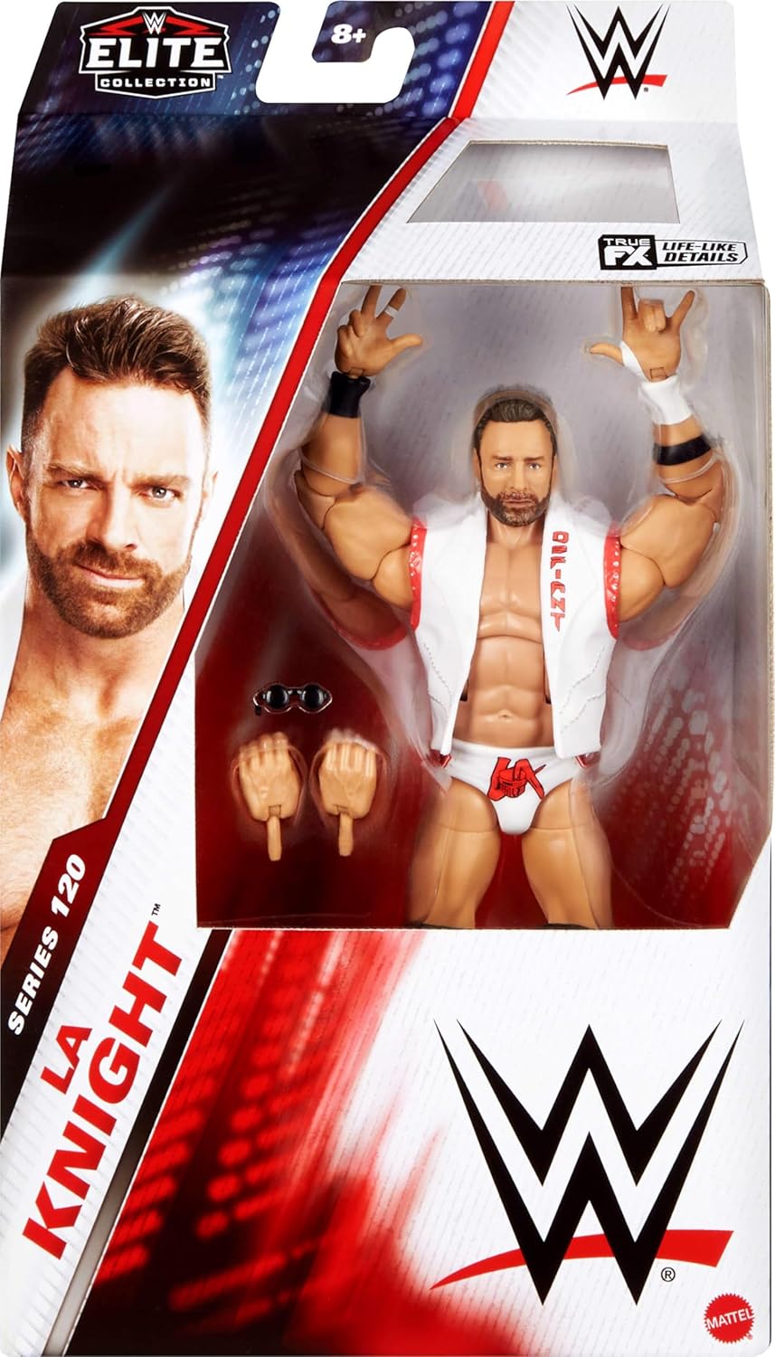 Mattel WWE Elite Action Figure & Accessories, Series #120, 6-inch Collectible LA Knight with 25 Articulation Points & Swappable Hands
