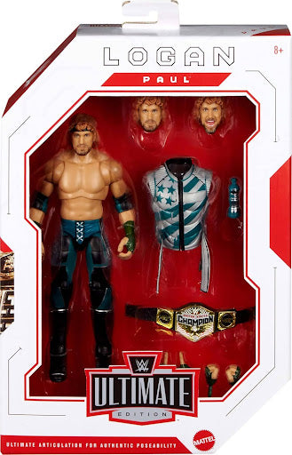 Mattel WWE Ultimate Edition Action Figure & Accessories Set, Logan Paul 6-inch Collectible with Swappable Heads & Hands, 30 Articulation Points
